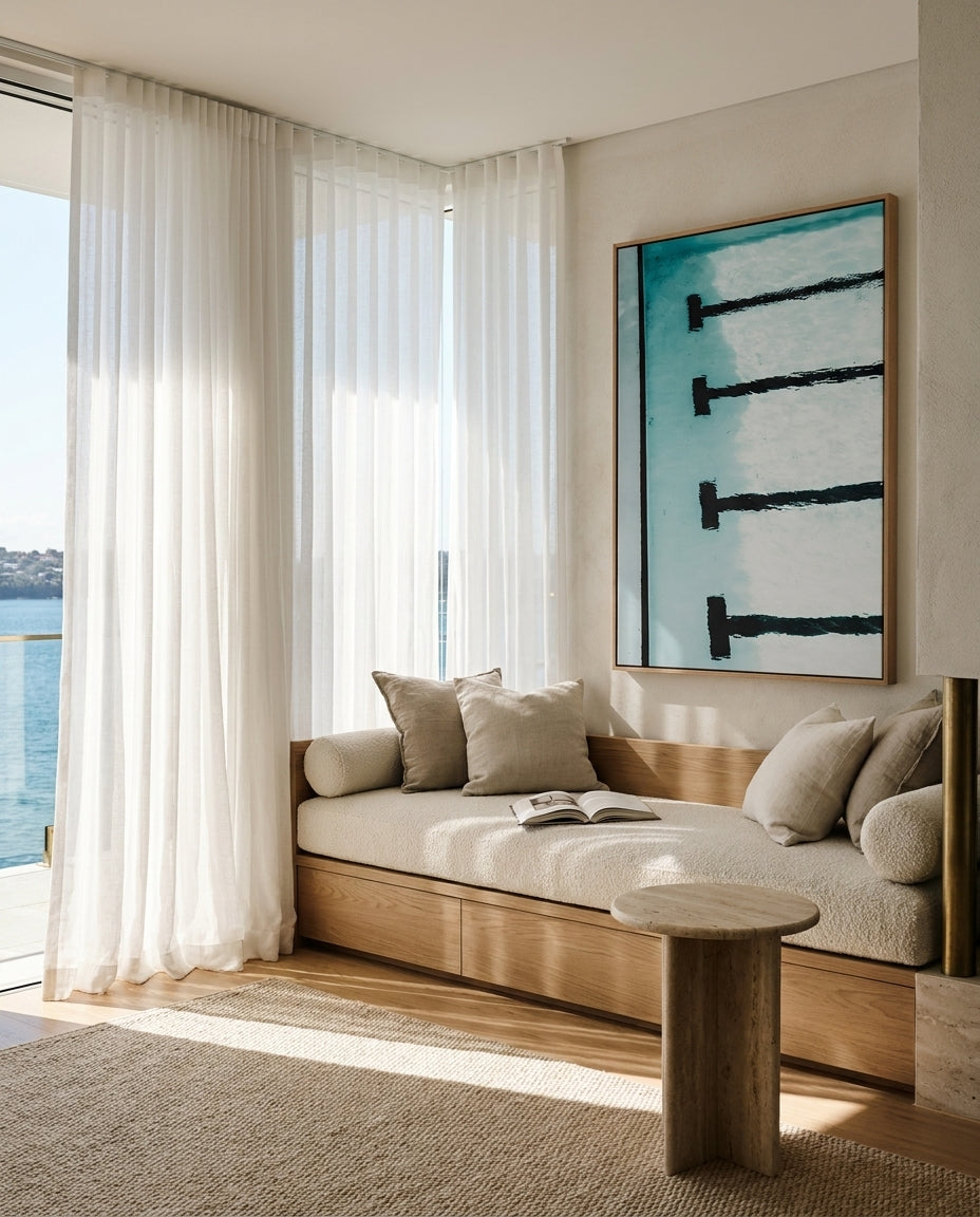 When In Bondi Sydney Bondi canvas wall art in a solid timber canvas float frame with oak finish styled in a coastal Australian home at Olive et Oriel