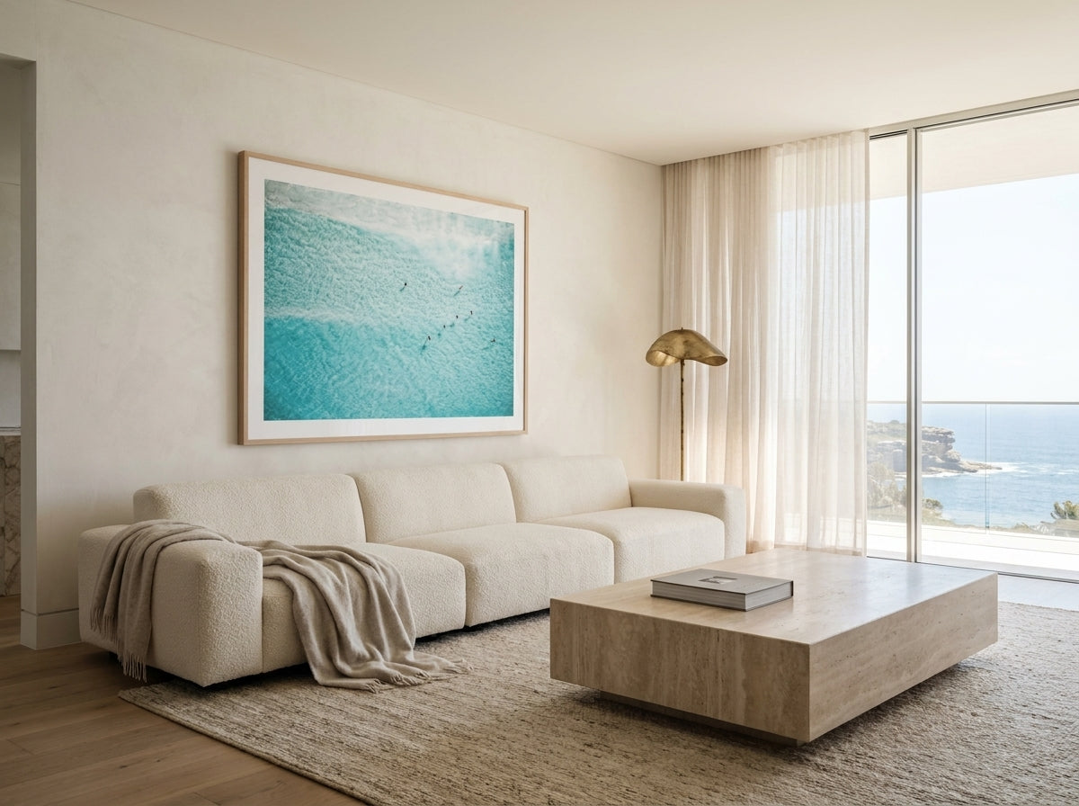 Azure Waters, Bondi Sydney Bondi photo wall art framed print styled extra large in a coastal Australian living space at Olive et Oriel