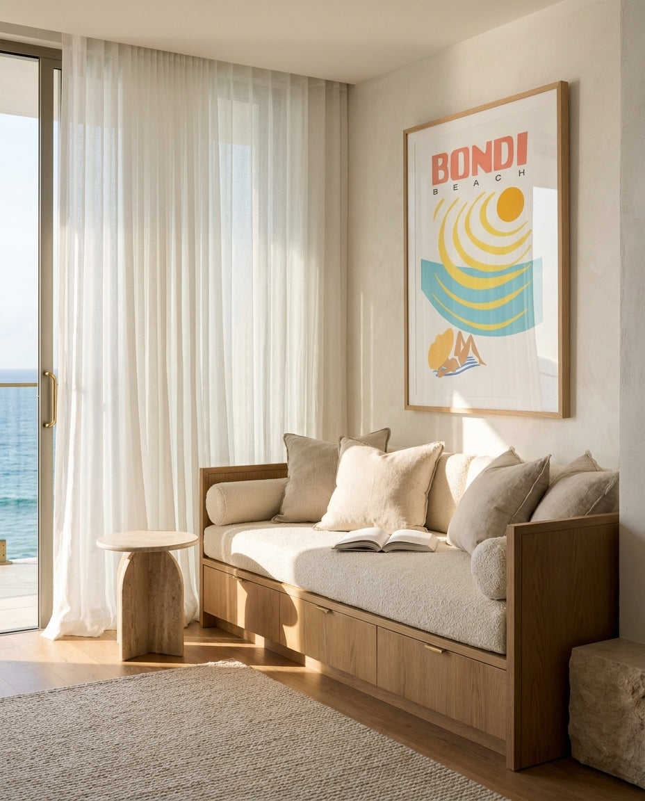 Bondi Beach Baking Sydney Bondi photo wall art framed print styled extra large in a coastal Australian living space at Olive et Oriel