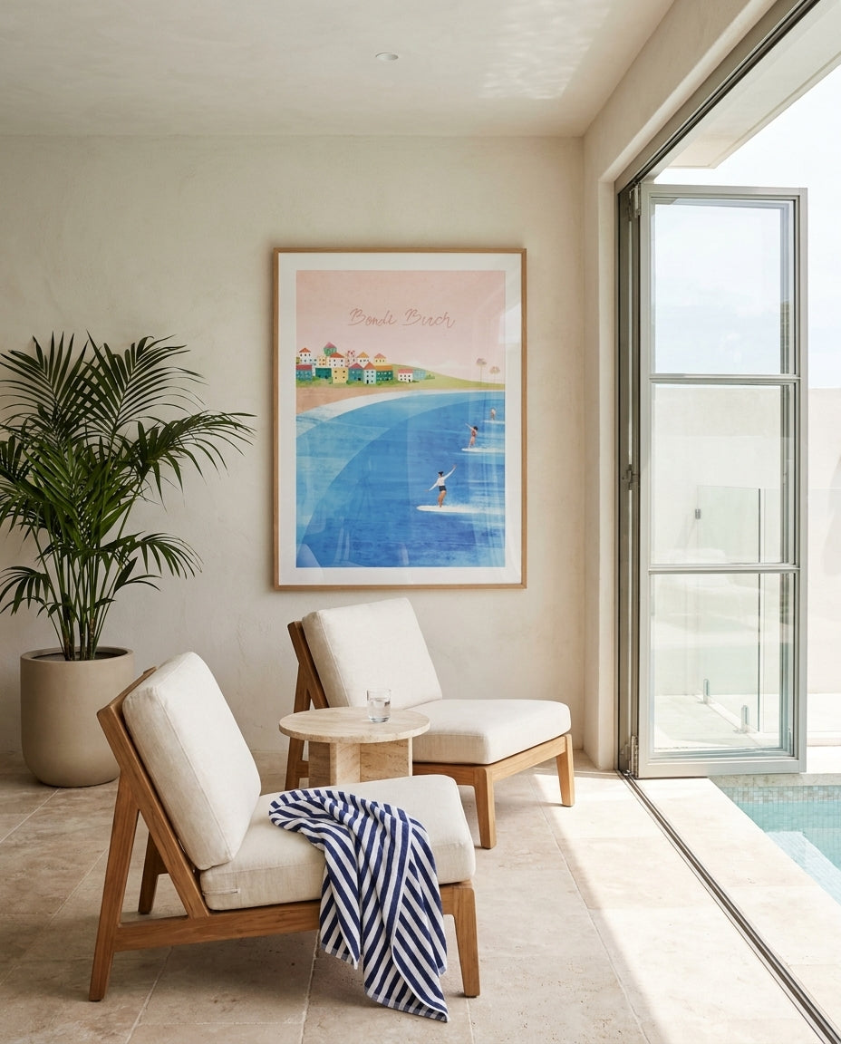 Bondi Beach by Henry Rivers Sydney Bondi photo wall art framed print styled extra large in a coastal Australian living space at Olive et Oriel