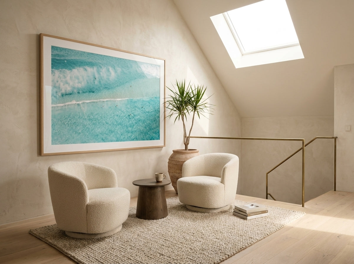 Bondi Bliss Sydney Bondi photo wall art framed print styled extra large in a coastal Australian living space at Olive et Oriel