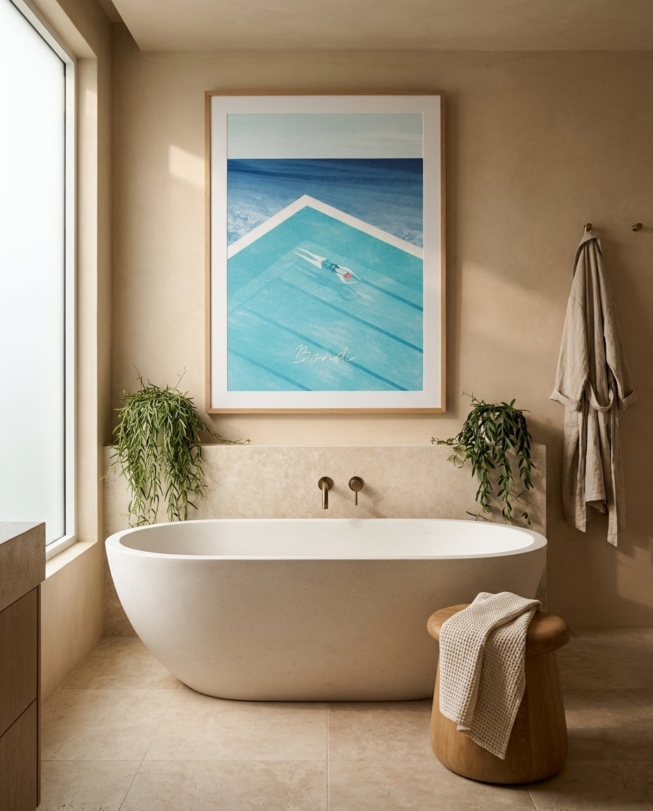 Bondi by Henry Rivers Sydney Bondi photo wall art framed print styled extra large in a coastal Australian living space at Olive et Oriel