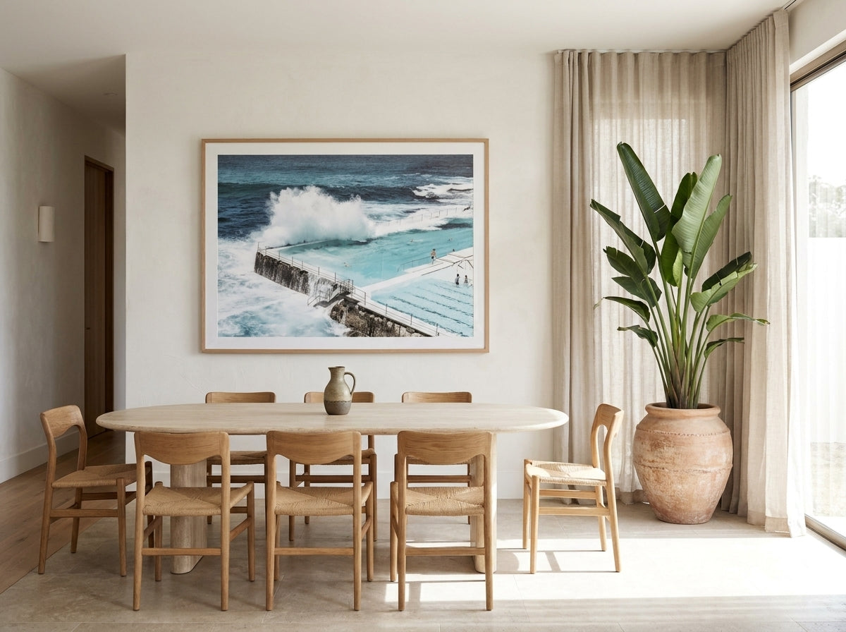 Bondi Icebergs Sydney Bondi photo wall art framed print styled extra large in a coastal Australian living space at Olive et Oriel