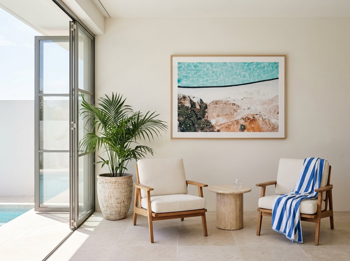 Bondi Icebergs In Bloom Sydney Bondi photo wall art framed print styled extra large in a coastal Australian living space at Olive et Oriel