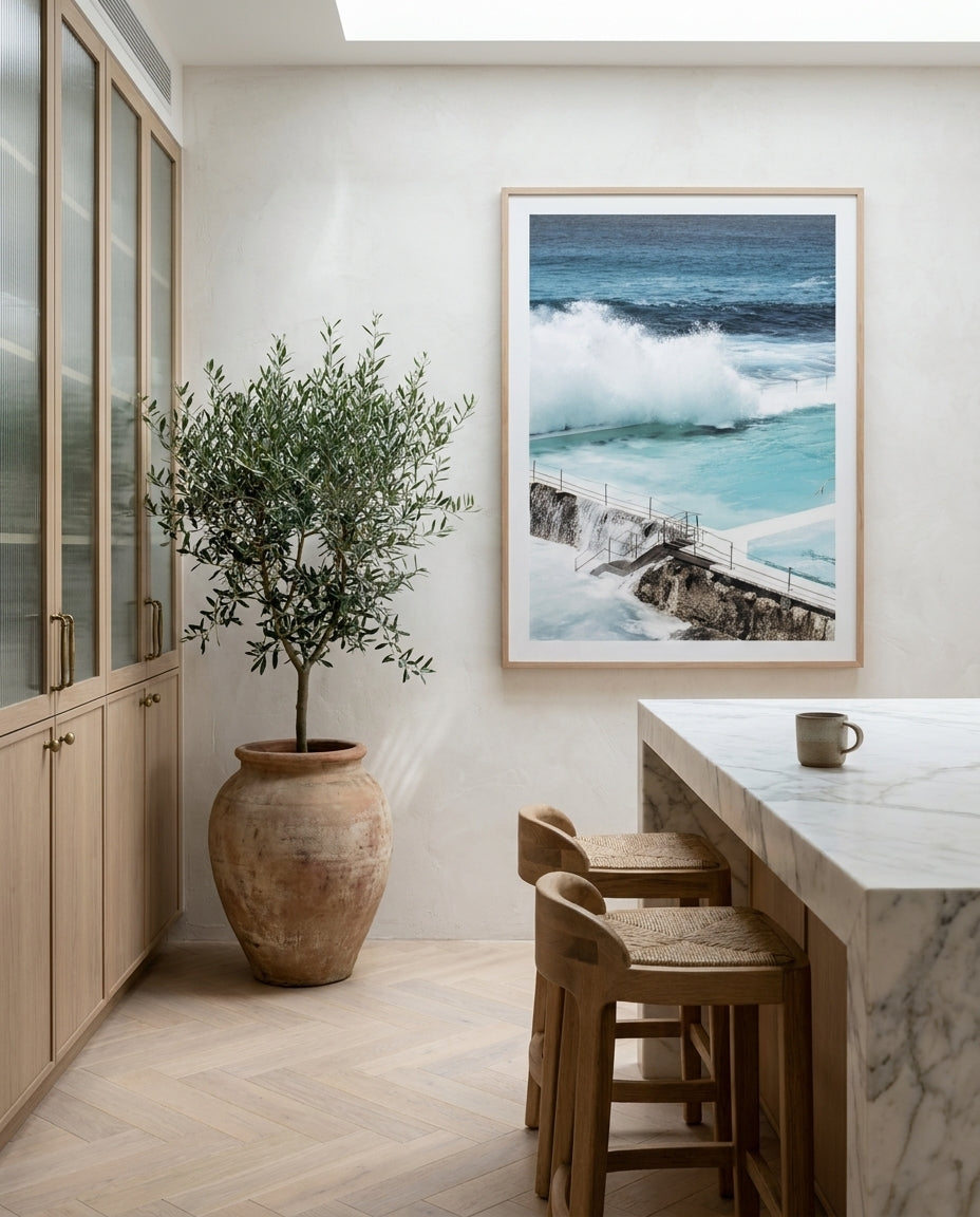 Bondi Icebergs Pool Sydney Bondi photo wall art framed print styled extra large in a coastal Australian living space at Olive et Oriel
