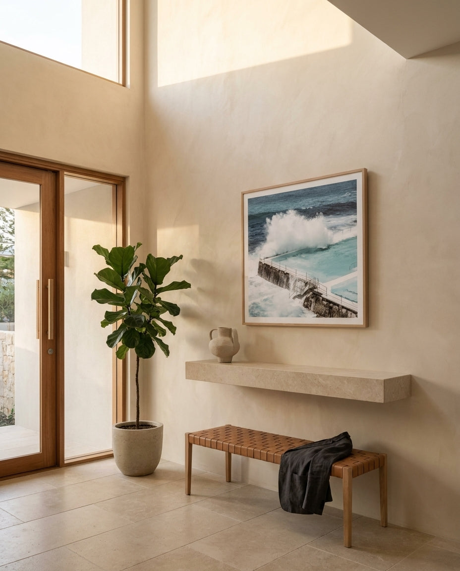 Bondi Icebergs Square Sydney Bondi photo wall art framed print styled extra large in a coastal Australian living space at Olive et Oriel