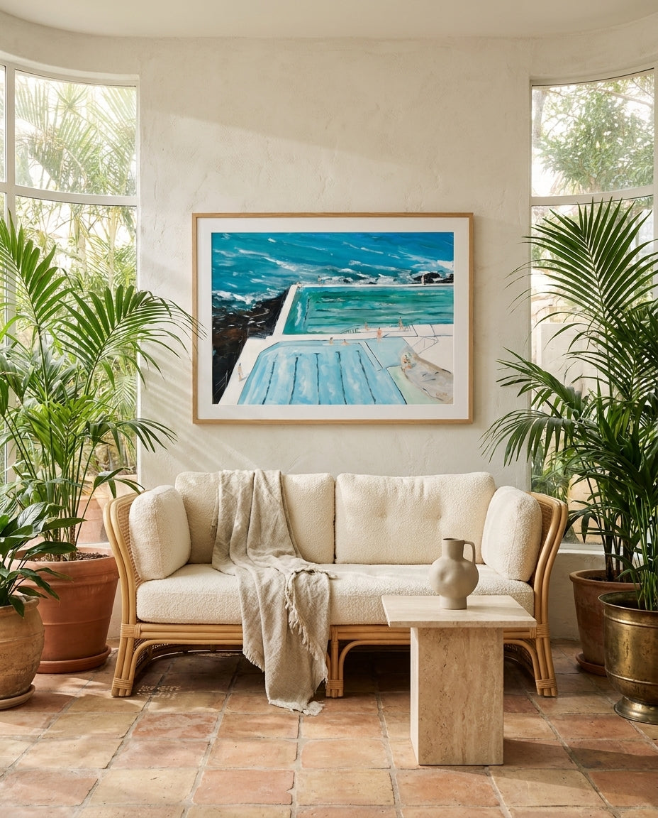 Bondi Icebergs Swim by Meredith Howse Sydney Bondi photo wall art framed print styled extra large in a coastal Australian living space at Olive et Oriel