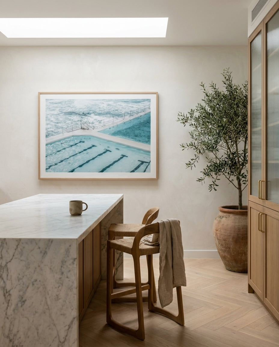 Bondi In Blue Sydney Bondi photo wall art framed print styled extra large in a coastal Australian living space at Olive et Oriel