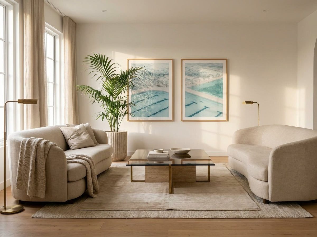 Bondi in Blue I & II Set of 2 Sydney Bondi wall art set of two framed prints styled side by side in a coastal Australian home at Olive et Oriel