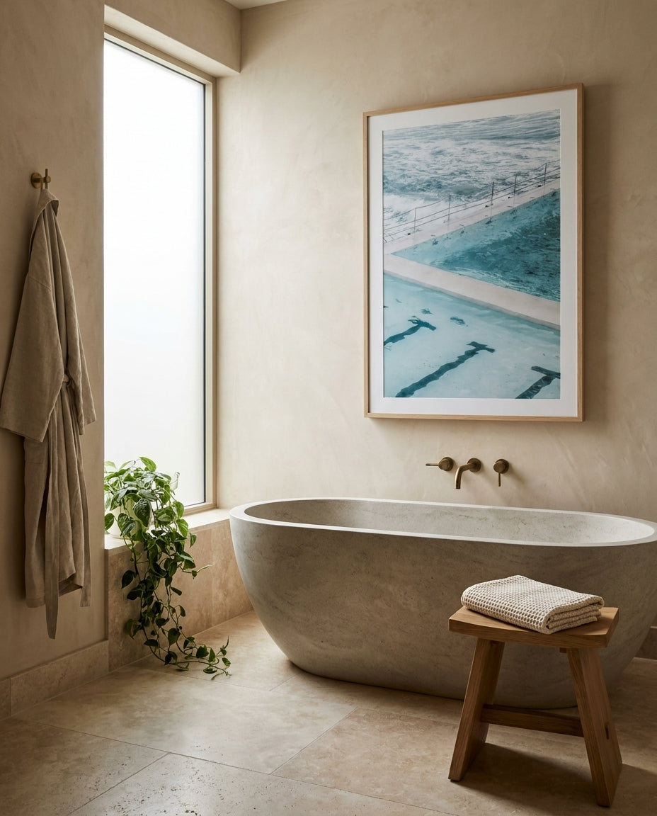 Bondi In Blue II Sydney Bondi photo wall art framed print styled extra large in a coastal Australian living space at Olive et Oriel