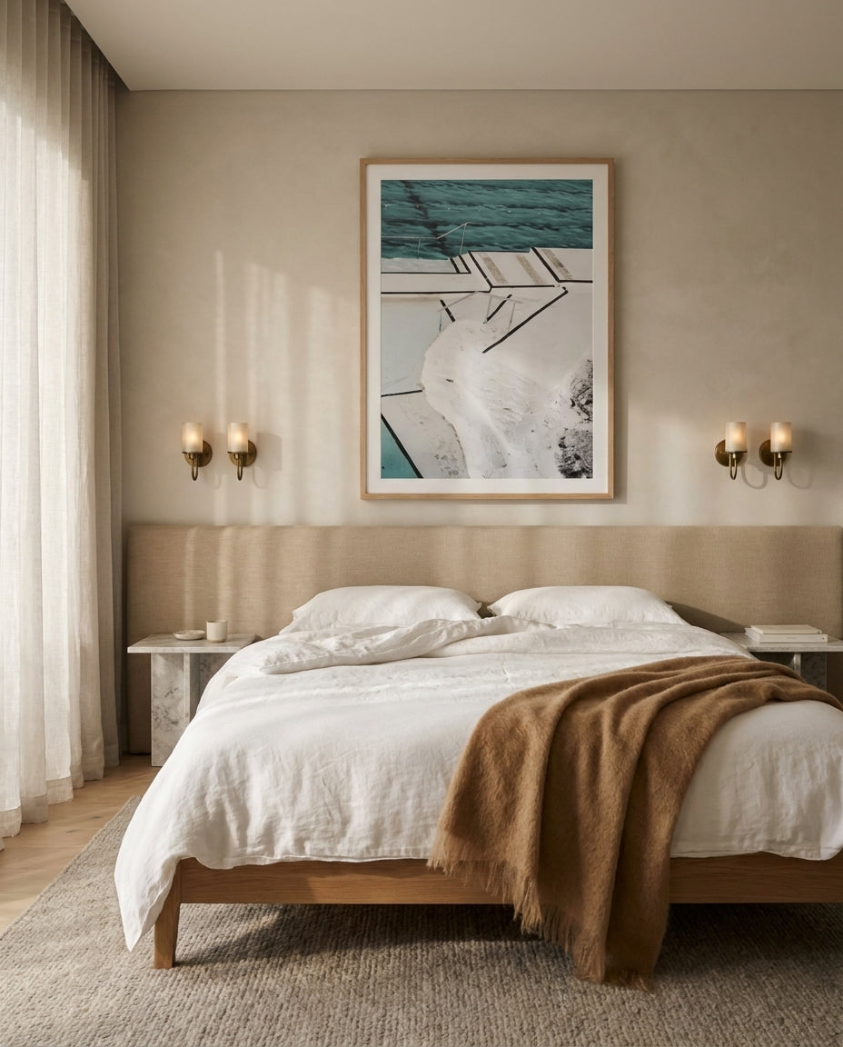 Bondi Pool View Sydney Bondi photo wall art framed print styled extra large in a coastal Australian living space at Olive et Oriel