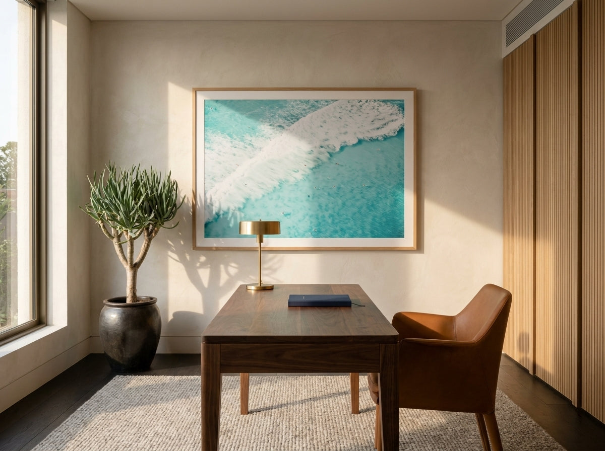 Bondi Surf Sydney Bondi photo wall art framed print styled extra large in a coastal Australian living space at Olive et Oriel