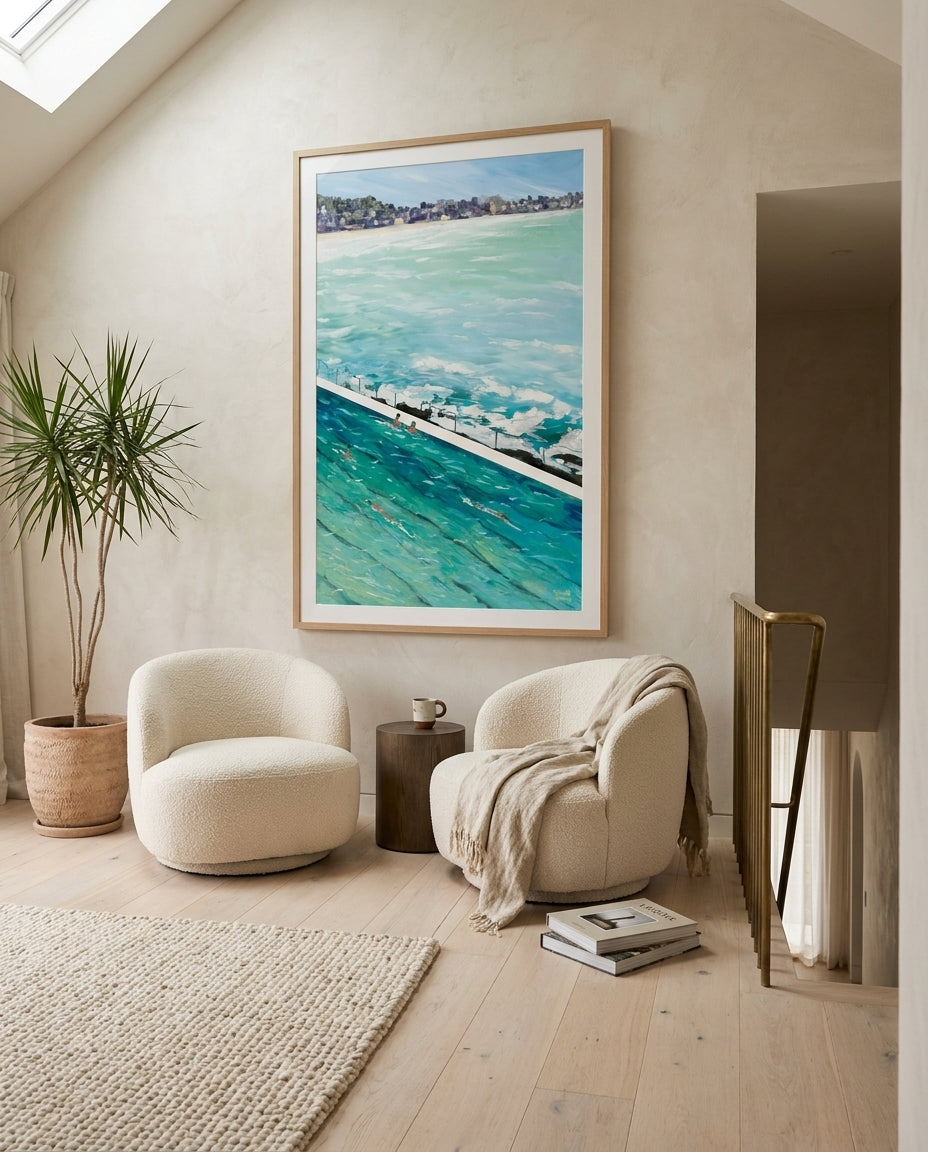 Bondi View by Meredith Howse Sydney Bondi photo wall art framed print styled extra large in a coastal Australian living space at Olive et Oriel