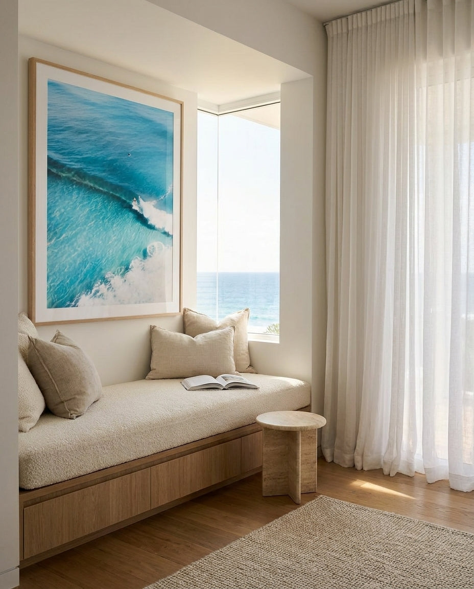 Bondi Waves I Sydney Bondi photo wall art framed print styled extra large in a coastal Australian living space at Olive et Oriel