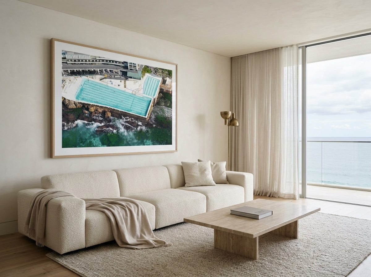 Icebergs from Above, Bondi Sydney Bondi photo wall art framed print styled extra large in a coastal Australian living space at Olive et Oriel