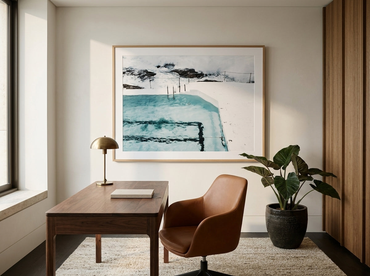 Icey Bergs Sydney Bondi photo wall art framed print styled extra large in a coastal Australian living space at Olive et Oriel