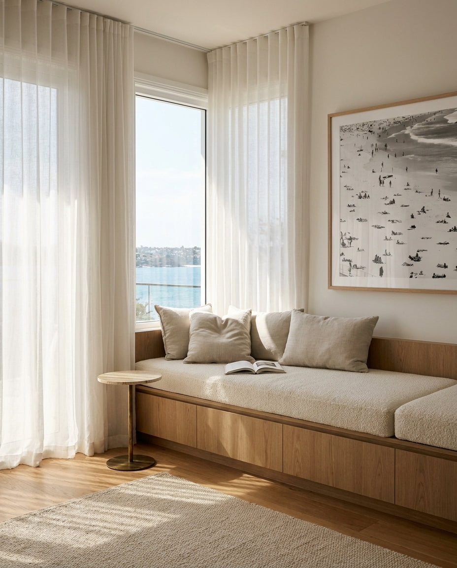 Iconic Bondi B&W Sydney Bondi photo wall art framed print styled extra large in a coastal Australian living space at Olive et Oriel