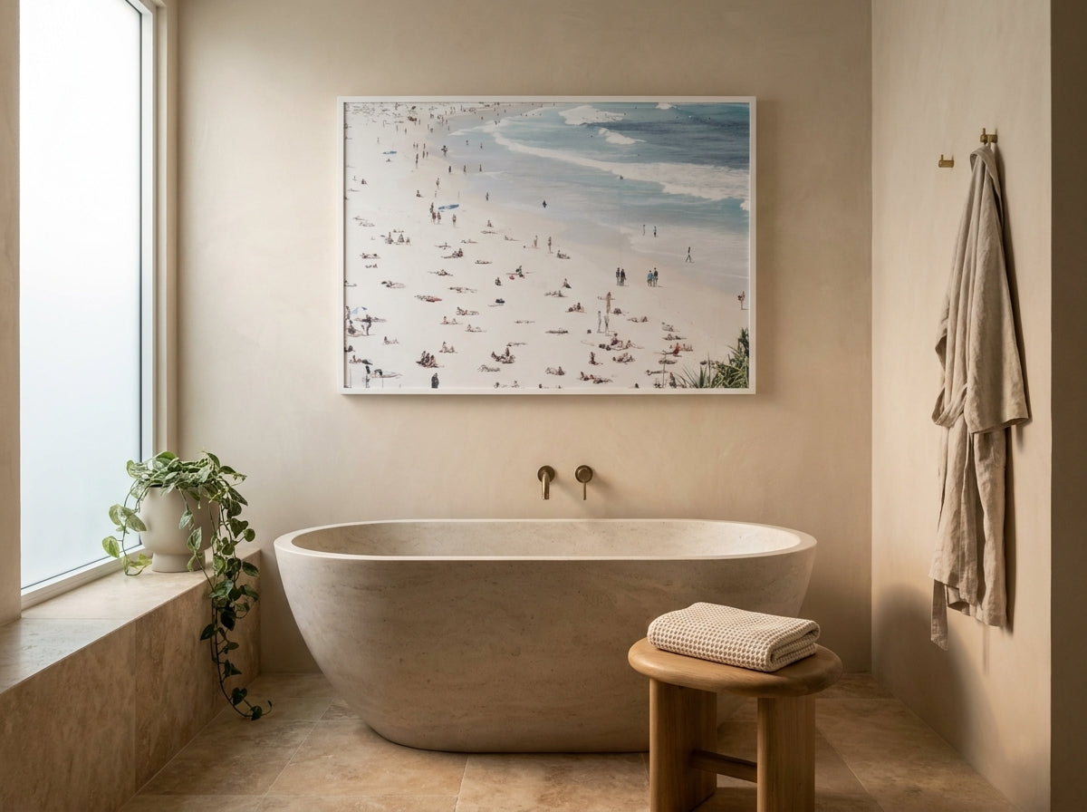 Iconic Bondi Colour Sydney Bondi photo wall art framed print styled extra large in a coastal Australian living space at Olive et Oriel