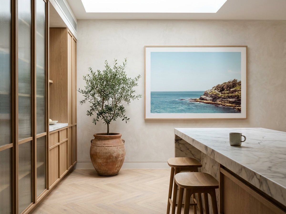 Mackenzies Point Sydney Bondi photo wall art framed print styled extra large in a coastal Australian living space at Olive et Oriel