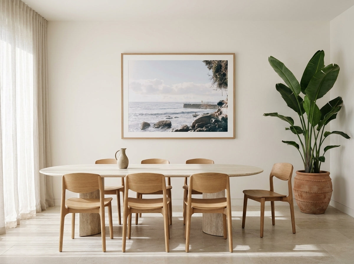 Morning Mist Sydney Bondi photo wall art framed print styled extra large in a coastal Australian living space at Olive et Oriel