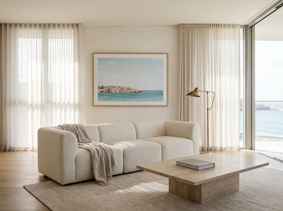 North Bondi Headland Sydney Bondi photo wall art framed print styled extra large in a coastal Australian living space at Olive et Oriel