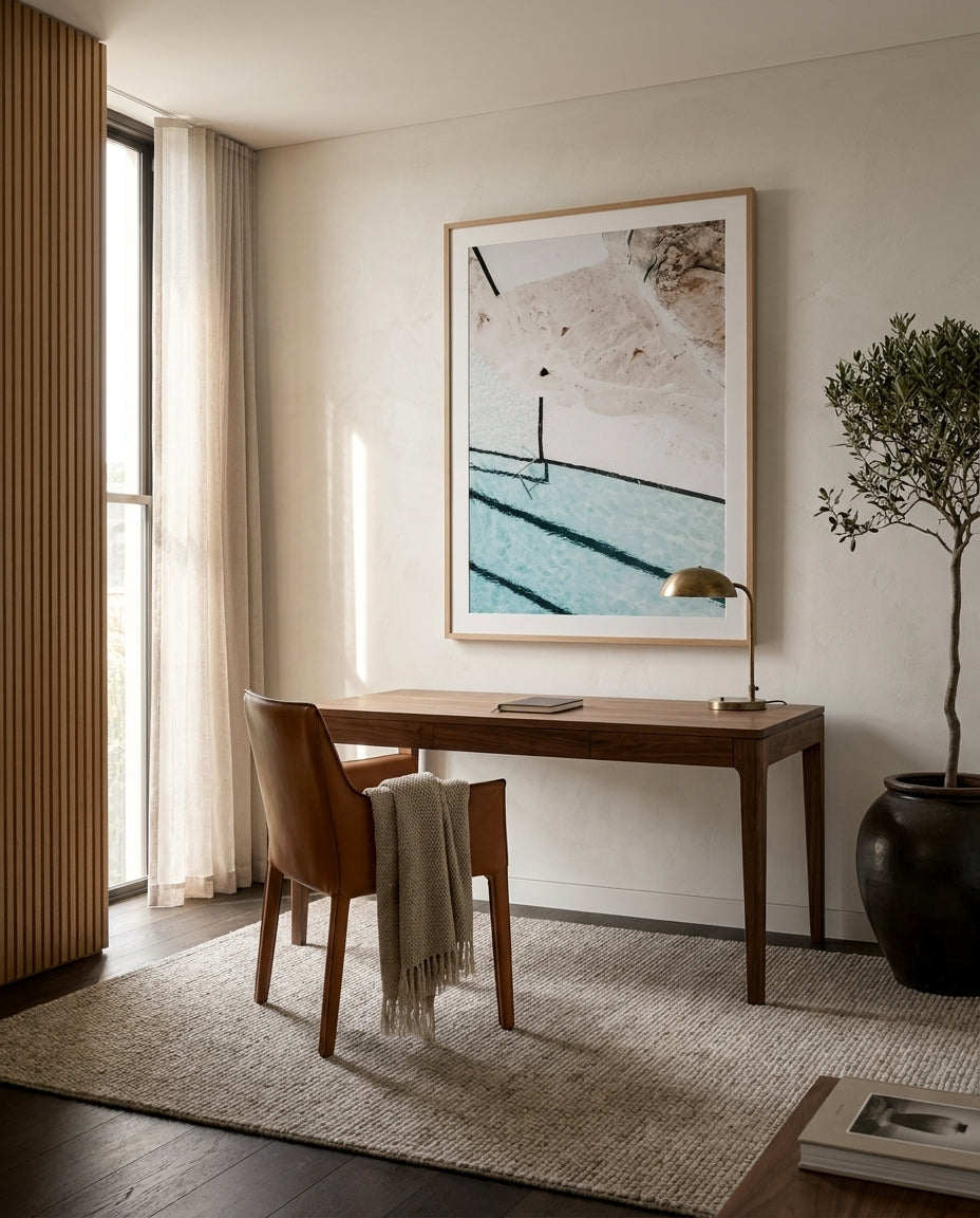 Quick Dip Sydney Bondi photo wall art framed print styled extra large in a coastal Australian living space at Olive et Oriel