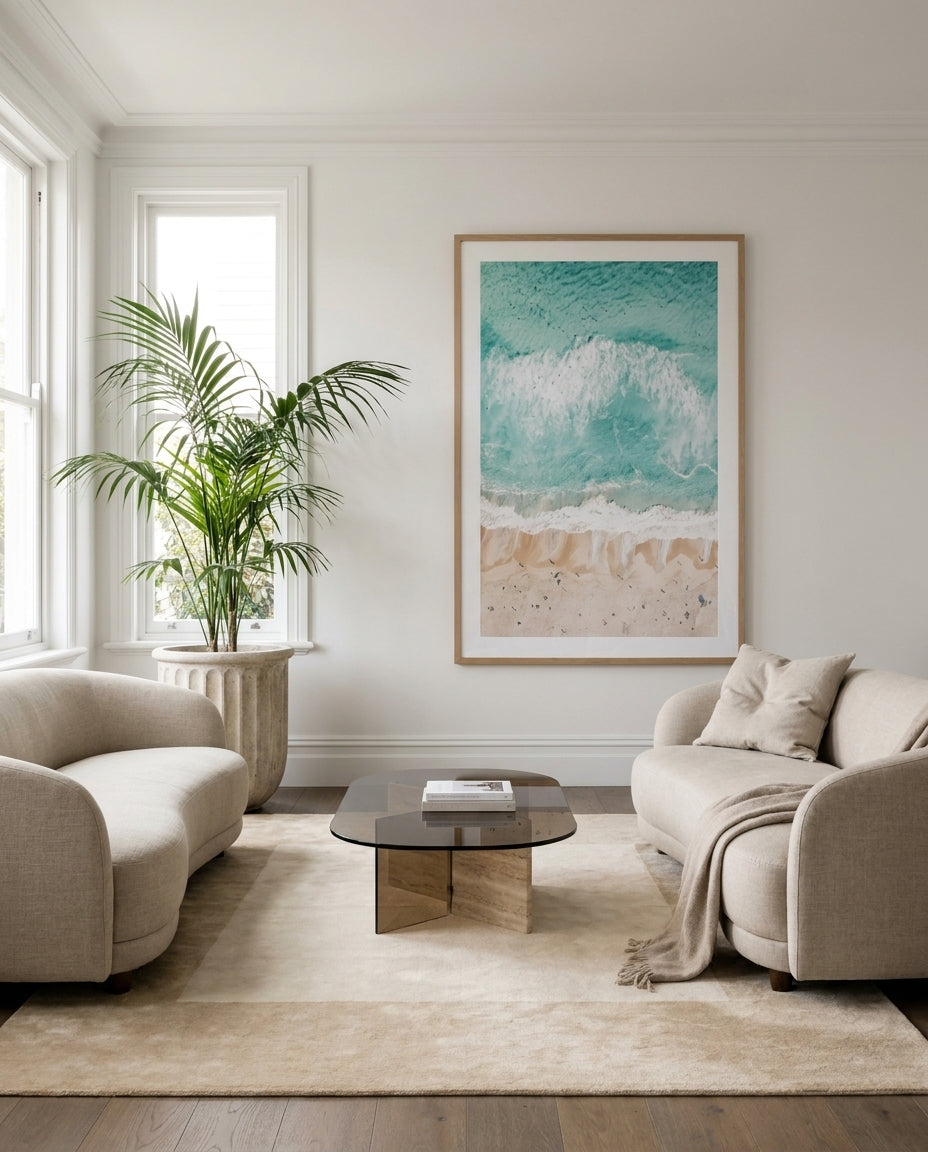 Sand to Sea Bondi Sydney Bondi photo wall art framed print styled extra large in a coastal Australian living space at Olive et Oriel