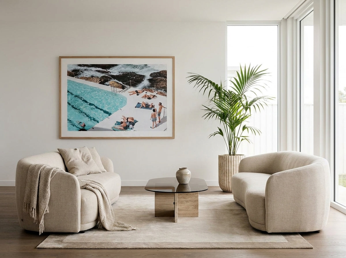 Sunbathers Sydney Bondi photo wall art framed print styled extra large in a coastal Australian living space at Olive et Oriel