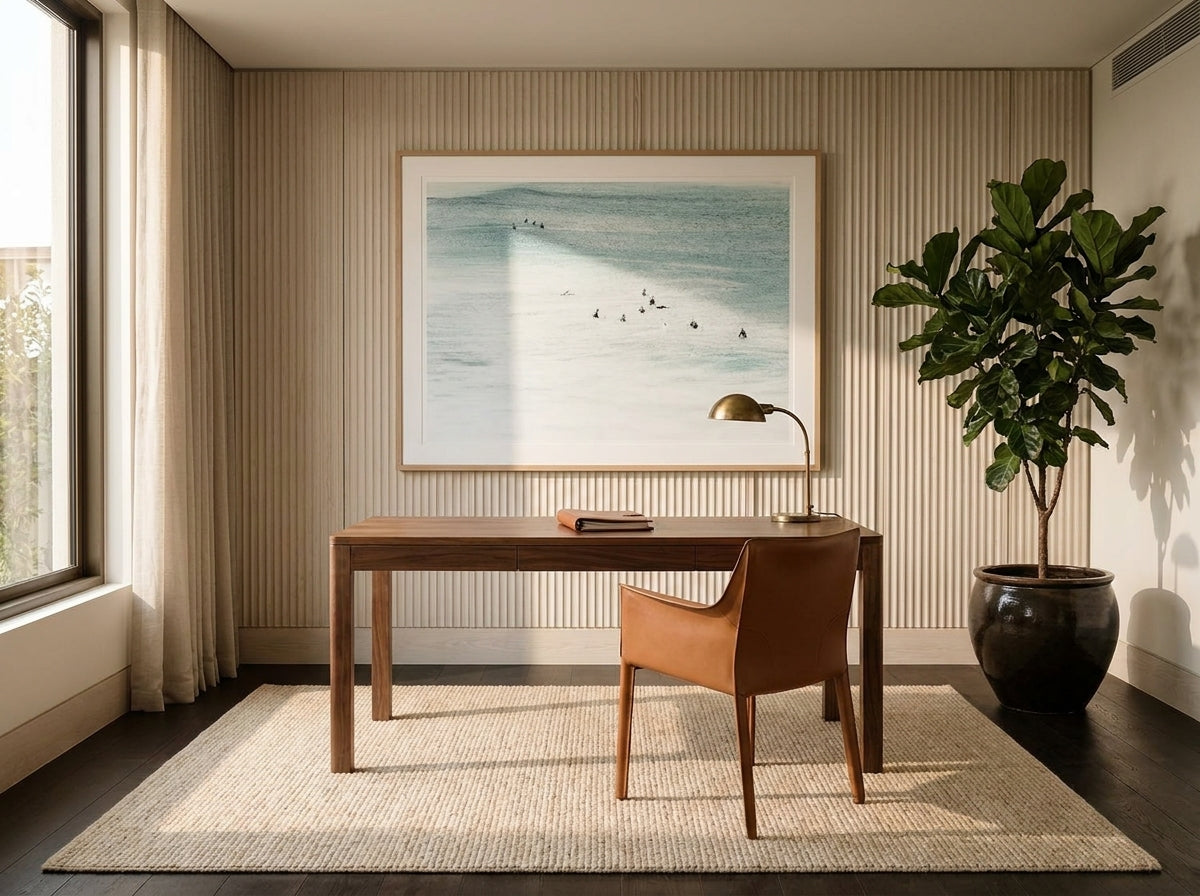 The Wait Sydney Bondi photo wall art framed print styled extra large in a coastal Australian living space at Olive et Oriel