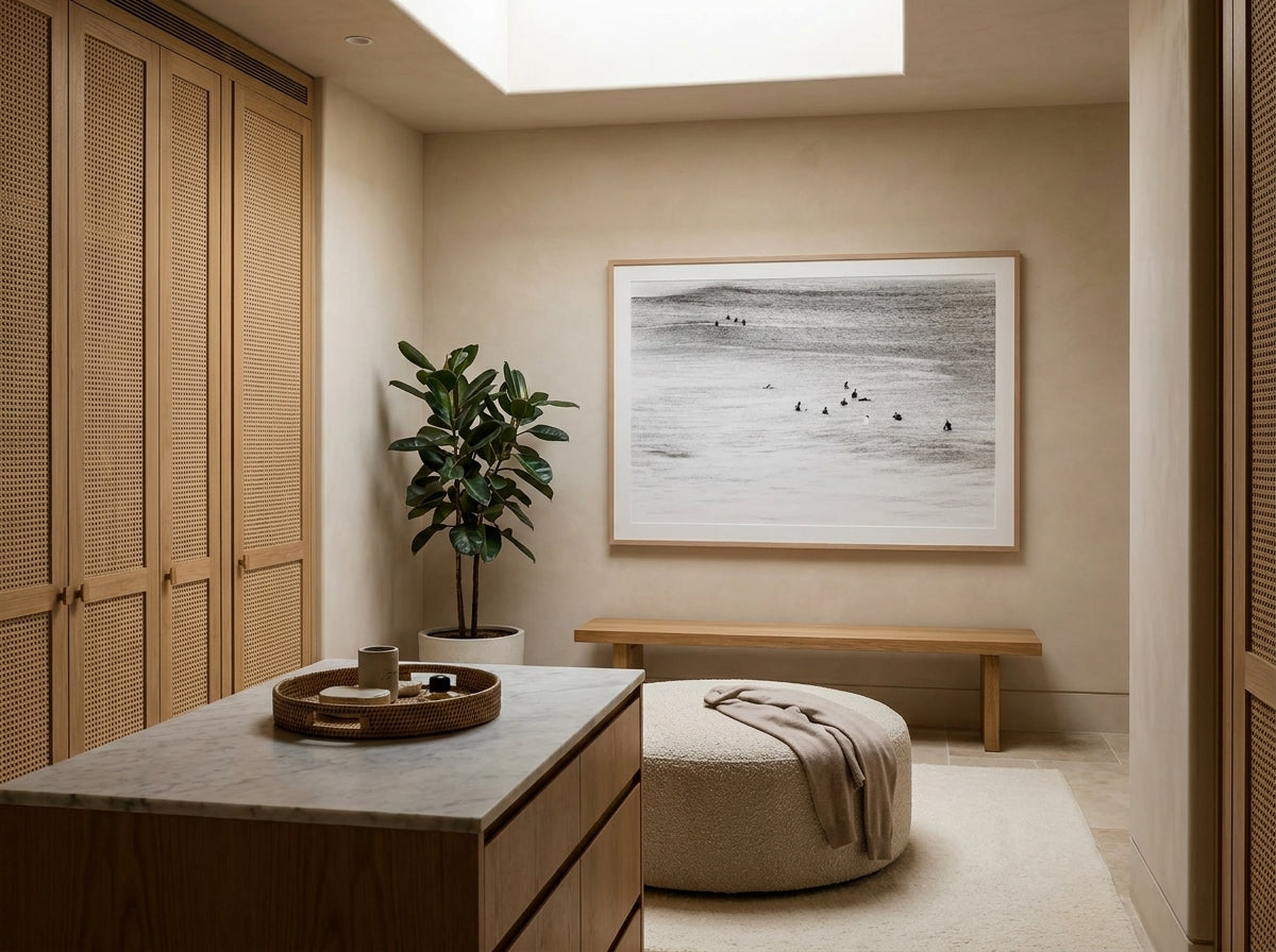 The Wait Sydney Bondi photo wall art framed print styled extra large in a coastal Australian living space at Olive et Oriel