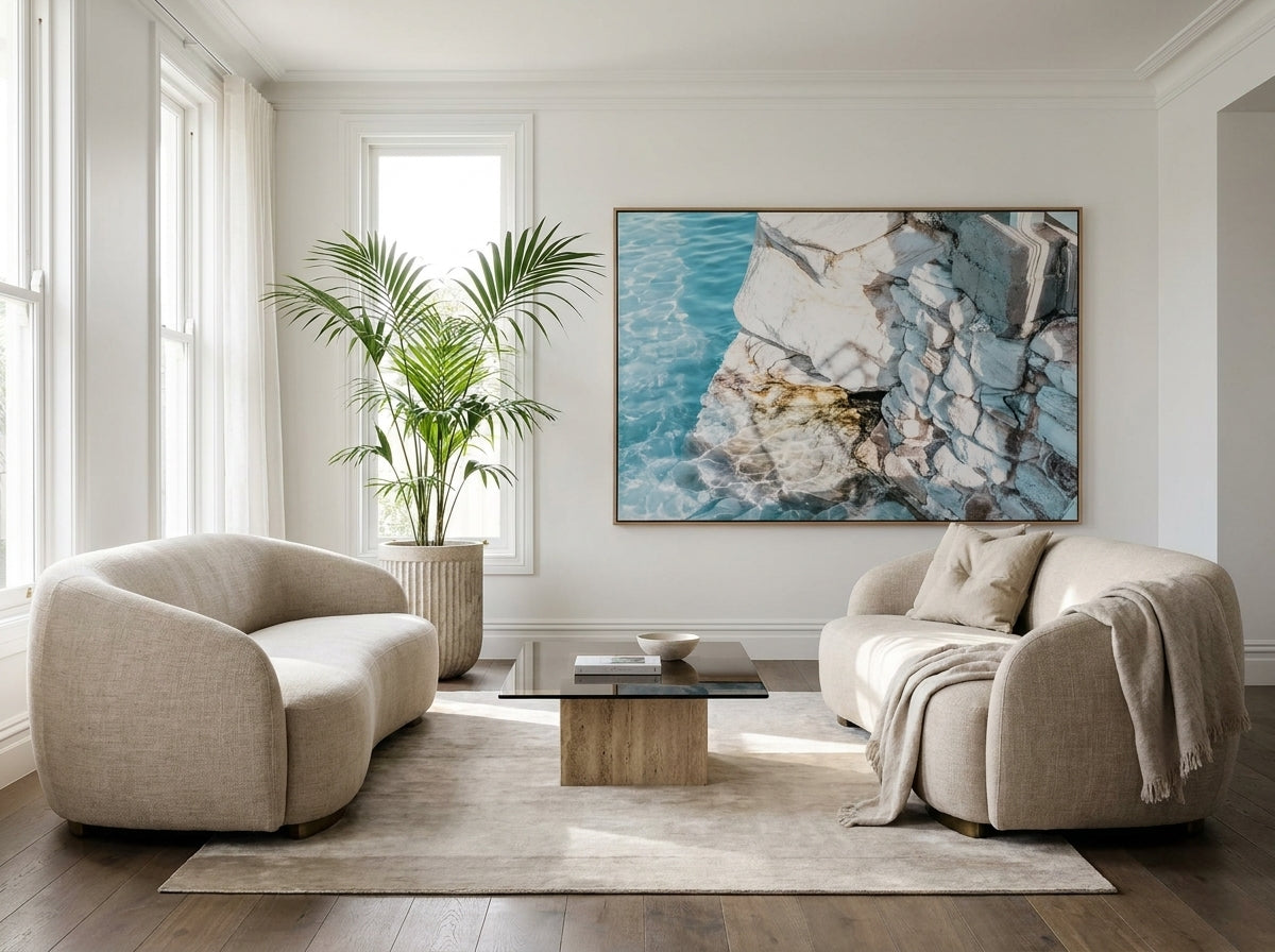 Blushing Bronte Sydney Bronte canvas wall art in a solid timber canvas float frame with oak finish styled in a coastal Australian home at Olive et Oriel
