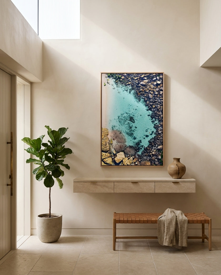 Bronte Beach Pool Sydney Bronte canvas wall art in a solid timber canvas float frame with oak finish styled in a coastal Australian home at Olive et Oriel