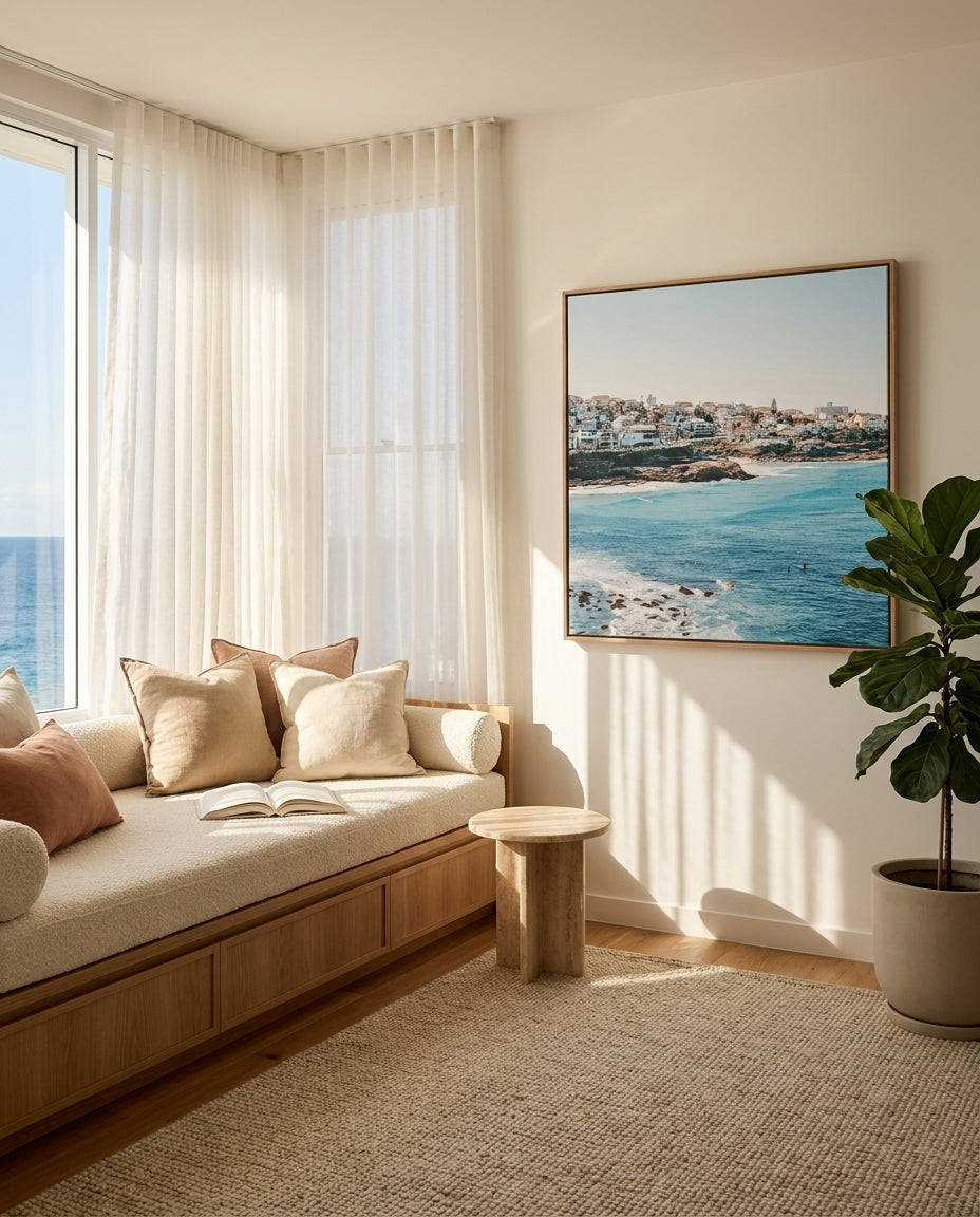 Bronte Mal Riders SQ Sydney Bronte canvas wall art in a solid timber canvas float frame with oak finish styled in a coastal Australian home at Olive et Oriel
