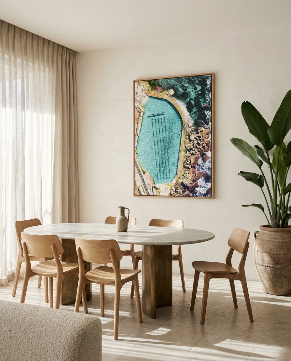Bronte Ocean Pool Sydney Bronte canvas wall art in a solid timber canvas float frame with oak finish styled in a coastal Australian home at Olive et Oriel