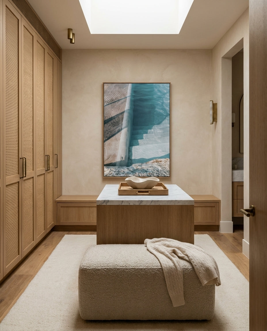Bronte Pool Abstract I Sydney Bronte canvas wall art in a solid timber canvas float frame with oak finish styled in a coastal Australian home at Olive et Oriel