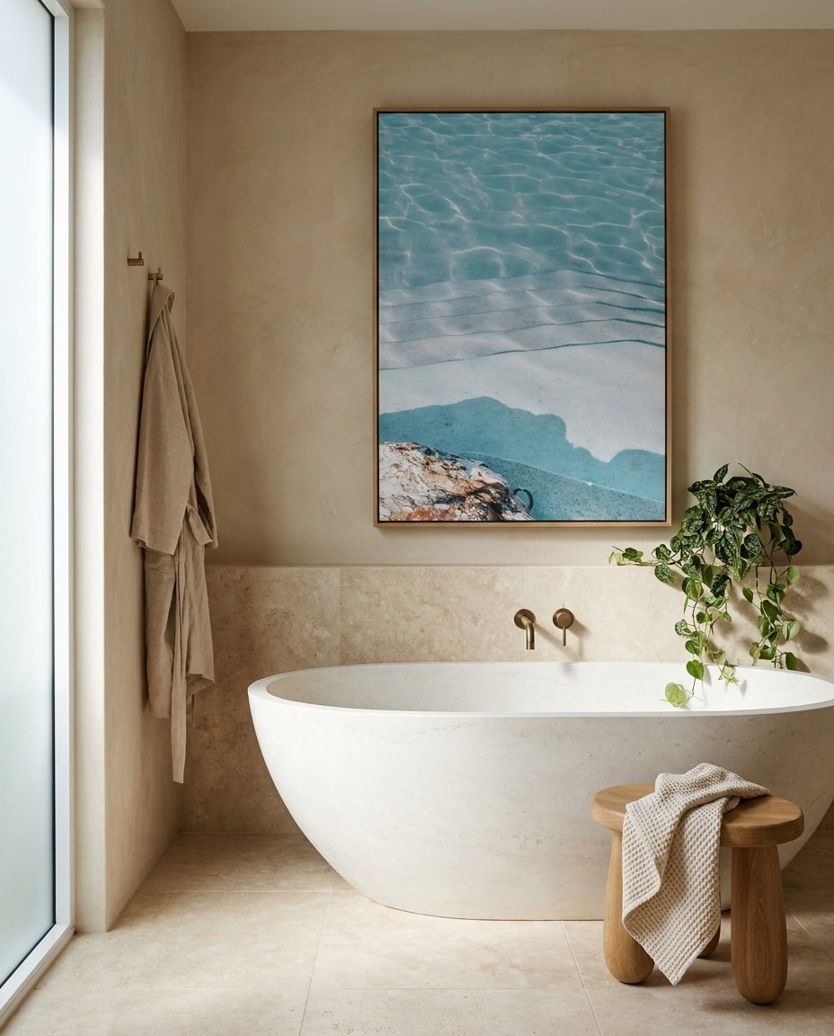 Bronte Pool Abstract II Sydney Bronte canvas wall art in a solid timber canvas float frame with oak finish styled in a coastal Australian home at Olive et Oriel