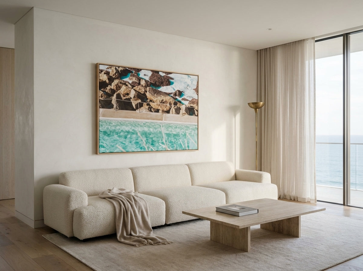 Bronte Pool I Sydney Bronte canvas wall art in a solid timber canvas float frame with oak finish styled in a coastal Australian home at Olive et Oriel