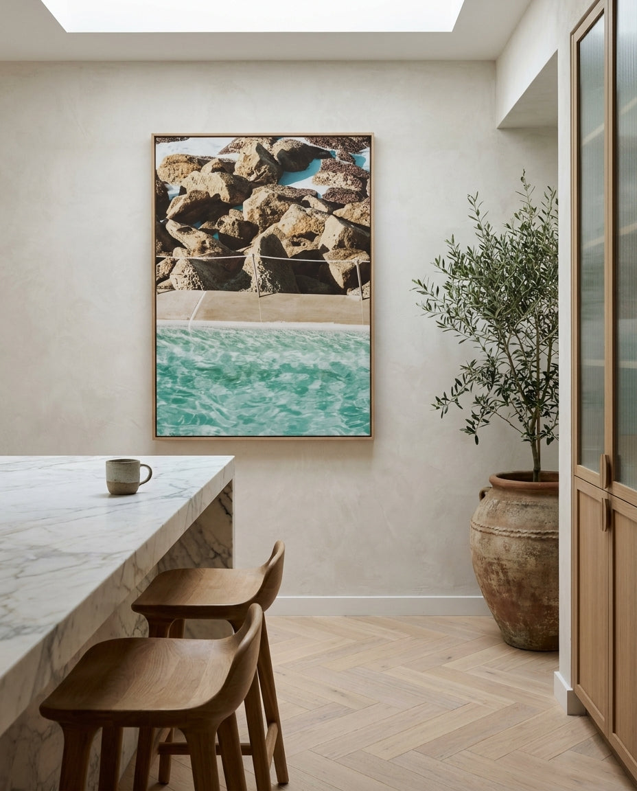 Bronte Pool I Sydney Bronte canvas wall art in a solid timber canvas float frame with oak finish styled in a coastal Australian home at Olive et Oriel