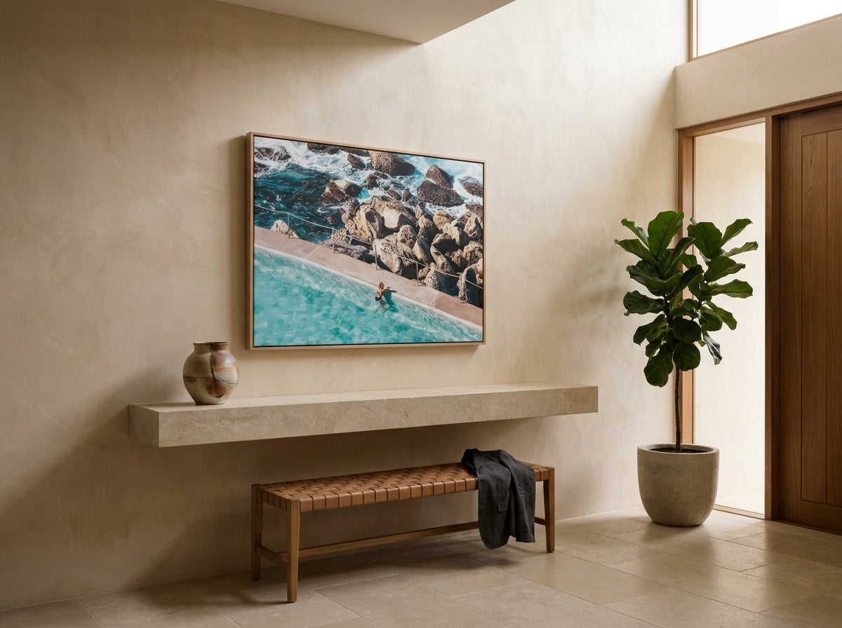 Bronte Pool II Sydney Bronte canvas wall art in a solid timber canvas float frame with oak finish styled in a coastal Australian home at Olive et Oriel