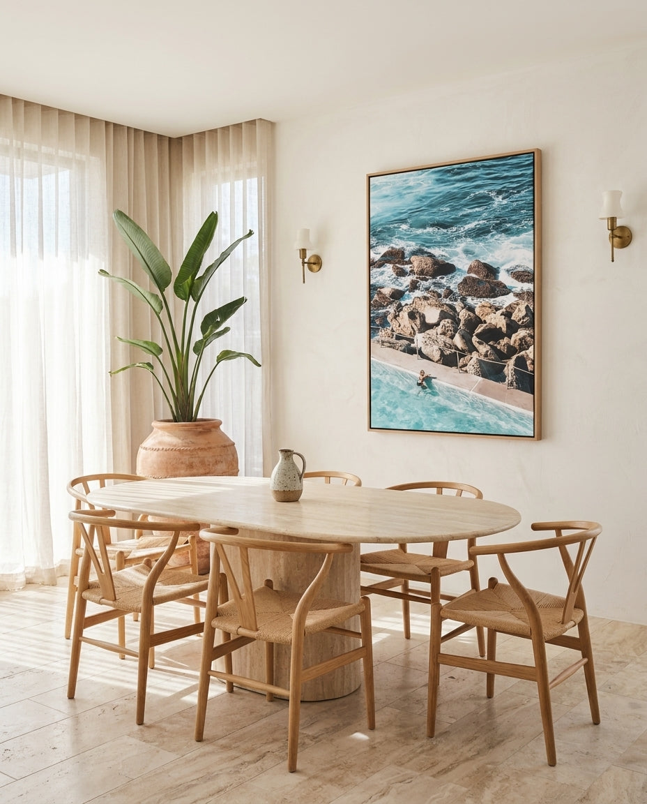 Bronte Pool II Sydney Bronte canvas wall art in a solid timber canvas float frame with oak finish styled in a coastal Australian home at Olive et Oriel