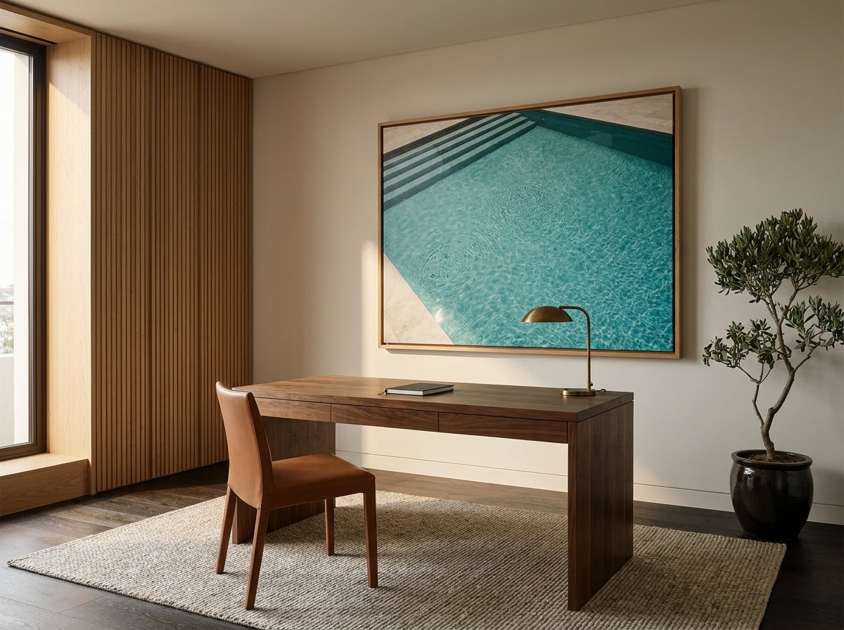 Bronte Pool III Sydney Bronte canvas wall art in a solid timber canvas float frame with oak finish styled in a coastal Australian home at Olive et Oriel