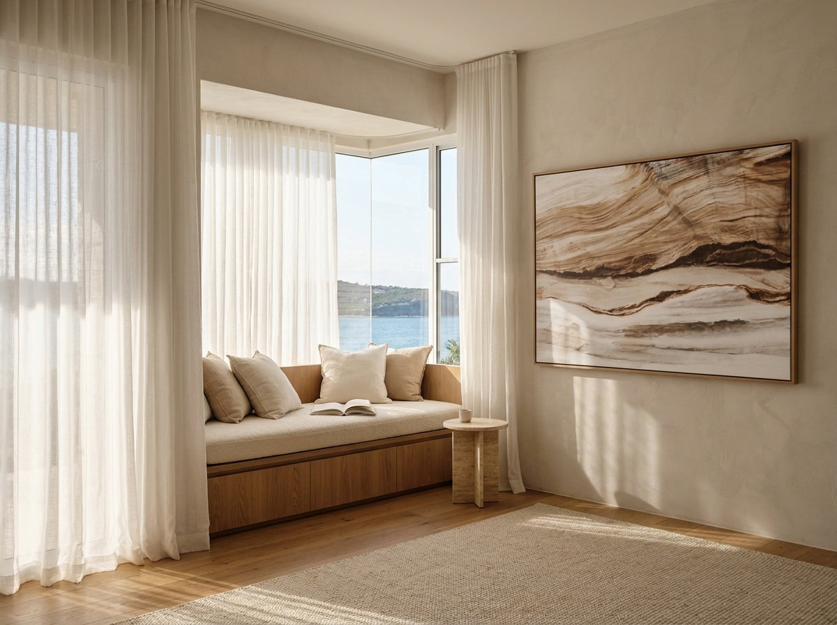 Bronte Rocks Sydney Bronte canvas wall art in a solid timber canvas float frame with oak finish styled in a coastal Australian home at Olive et Oriel