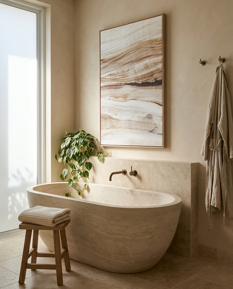 Bronte Rocks I Sydney Bronte canvas wall art in a solid timber canvas float frame with oak finish styled in a coastal Australian home at Olive et Oriel