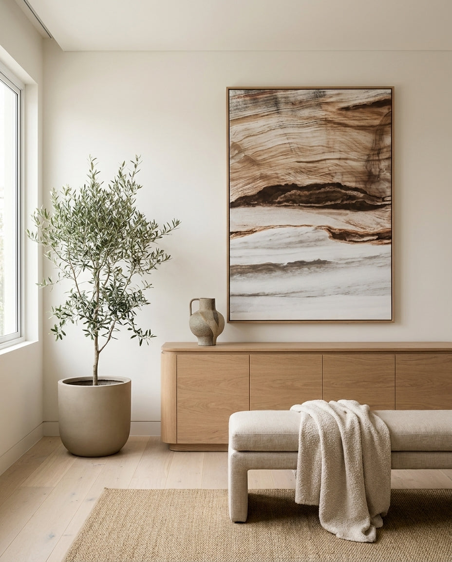 Bronte Rocks II Sydney Bronte canvas wall art in a solid timber canvas float frame with oak finish styled in a coastal Australian home at Olive et Oriel