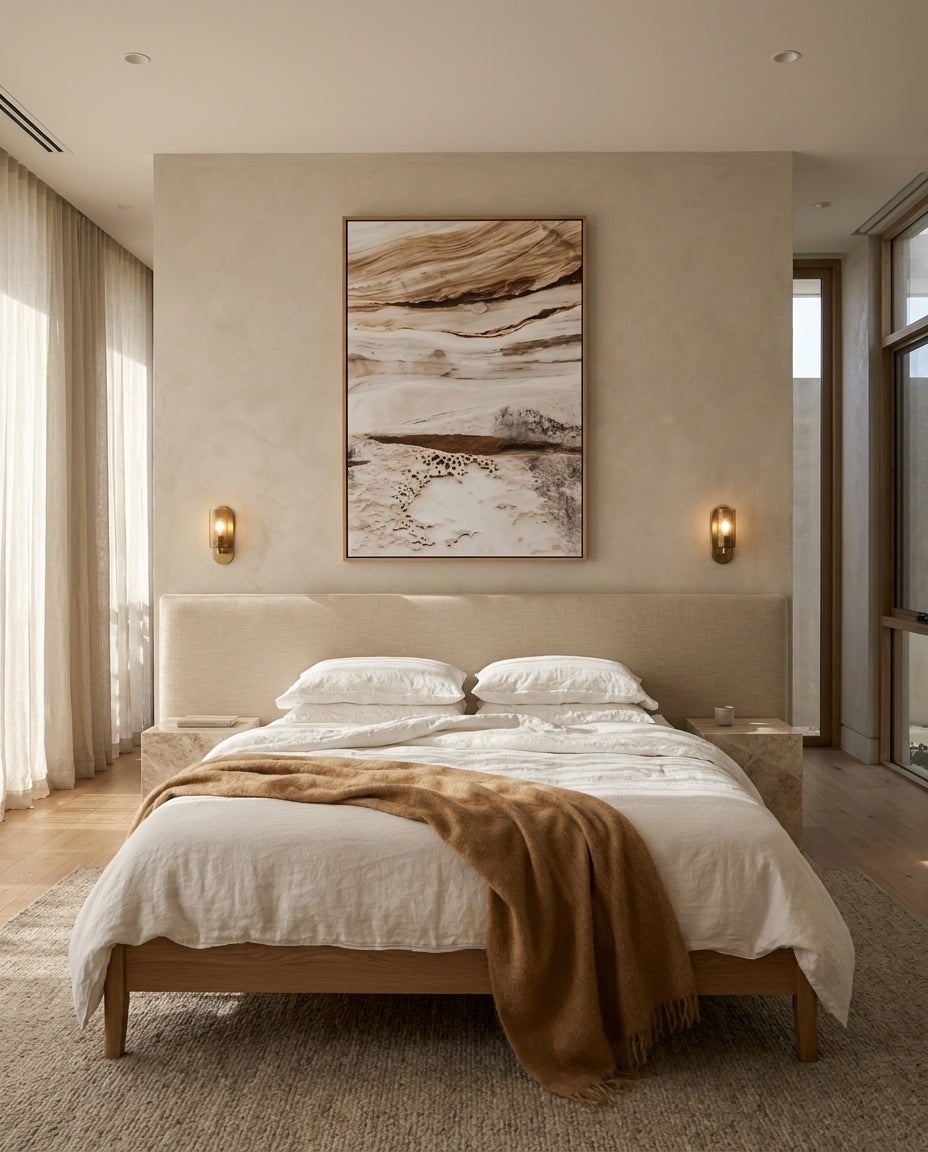 Bronte Rocks III Sydney Bronte canvas wall art in a solid timber canvas float frame with oak finish styled in a coastal Australian home at Olive et Oriel