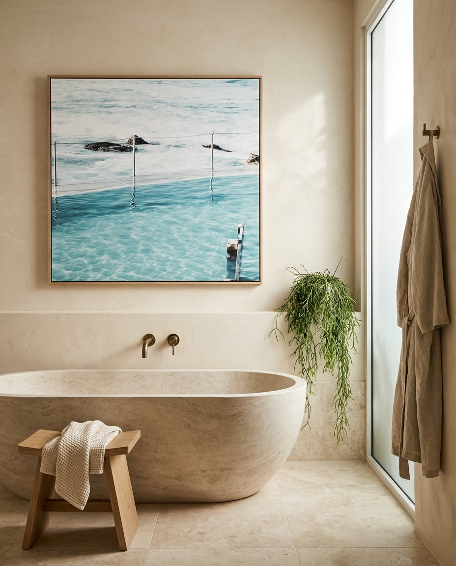 Quick Swim Bronte SQ Sydney Bronte canvas wall art in a solid timber canvas float frame with oak finish styled in a coastal Australian home at Olive et Oriel