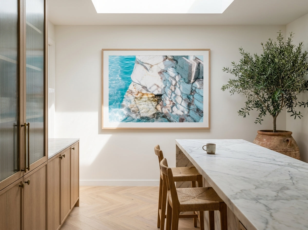 Blushing Bronte Sydney Bronte photo wall art framed print styled extra large in a coastal Australian living space at Olive et Oriel