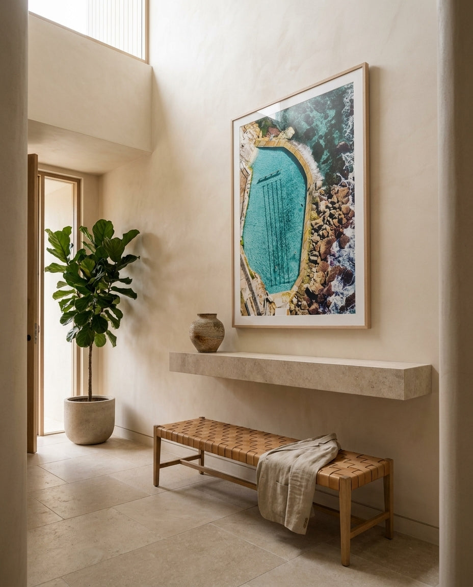 Bronte Ocean Pool Sydney Bronte photo wall art framed print styled extra large in a coastal Australian living space at Olive et Oriel