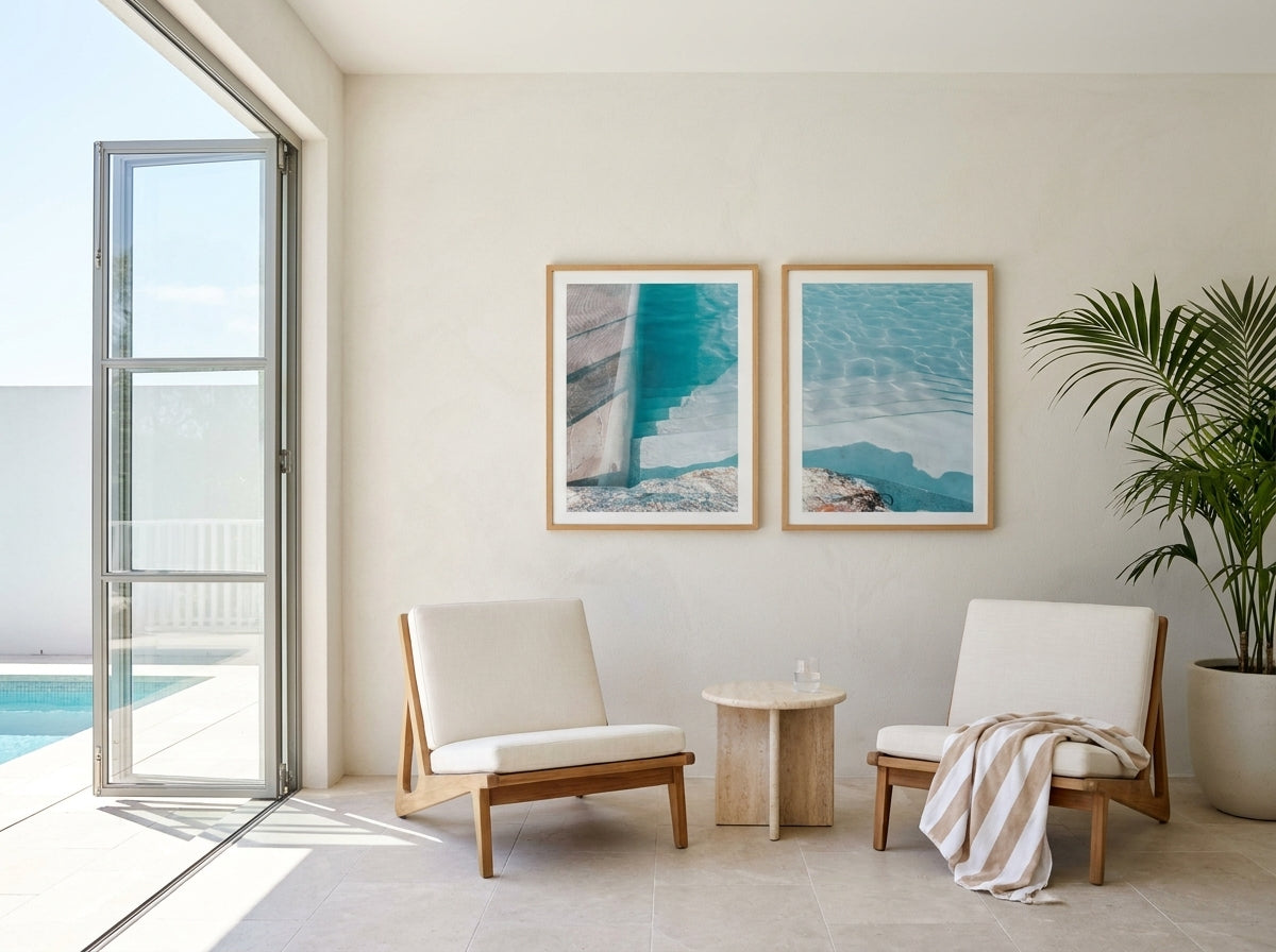 Bronte Pool Abstract I & II Set of 2 Sydney Bronte wall art set of two framed prints styled side by side in a coastal Australian home at Olive et Oriel
