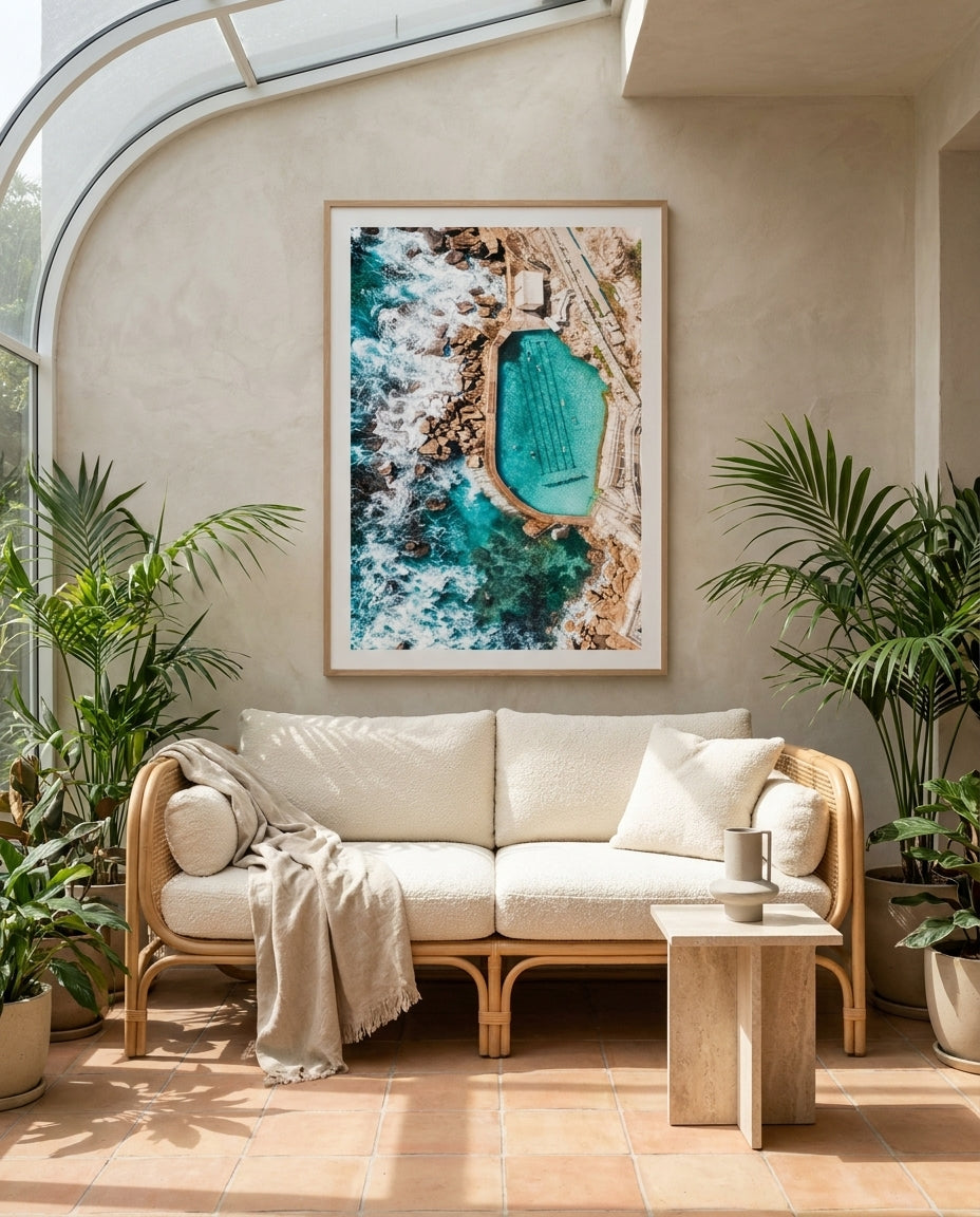 Bronte Pool From the Skies Sydney Bronte photo wall art framed print styled extra large in a coastal Australian living space at Olive et Oriel